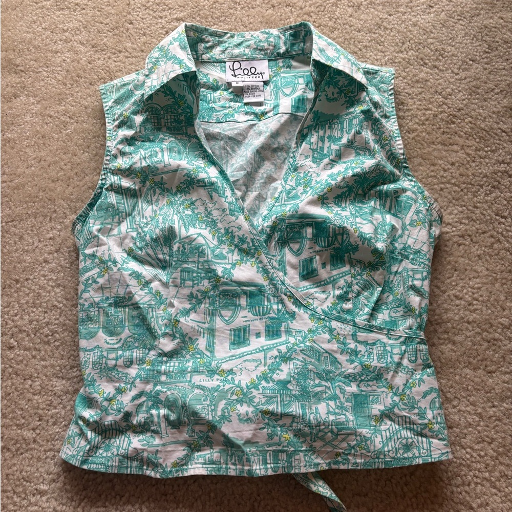 VINTAGE. Lilly Pulitzer Teal and White Women's Top